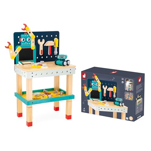 Janod Mesa Robot Brico'Kids - Taller de Bricolaje Infantil con 51 Accesorios, 3 Herramientas y Robot - Juguete Educativo 3+ Años (J06457)