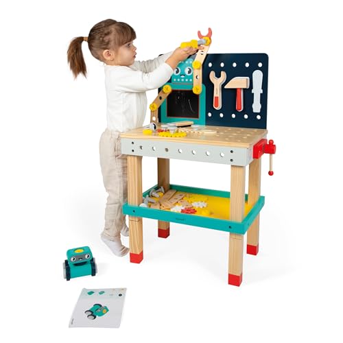 Janod Mesa Robot Brico'Kids - Taller de Bricolaje Infantil con 51 Accesorios, 3 Herramientas y Robot - Juguete Educativo 3+ Años (J06457)