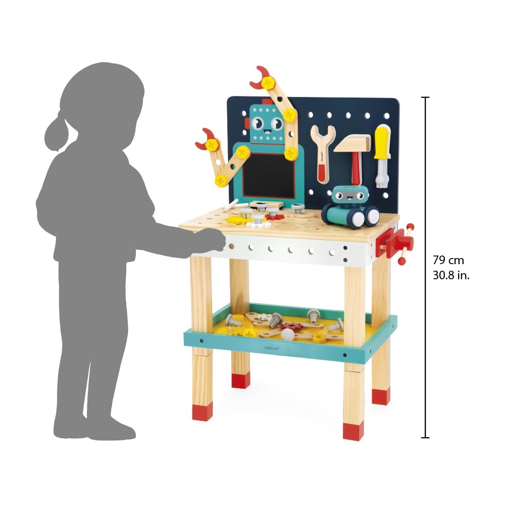 Janod Mesa Robot Brico'Kids - Taller de Bricolaje Infantil con 51 Accesorios, 3 Herramientas y Robot - Juguete Educativo 3+ Años (J06457)