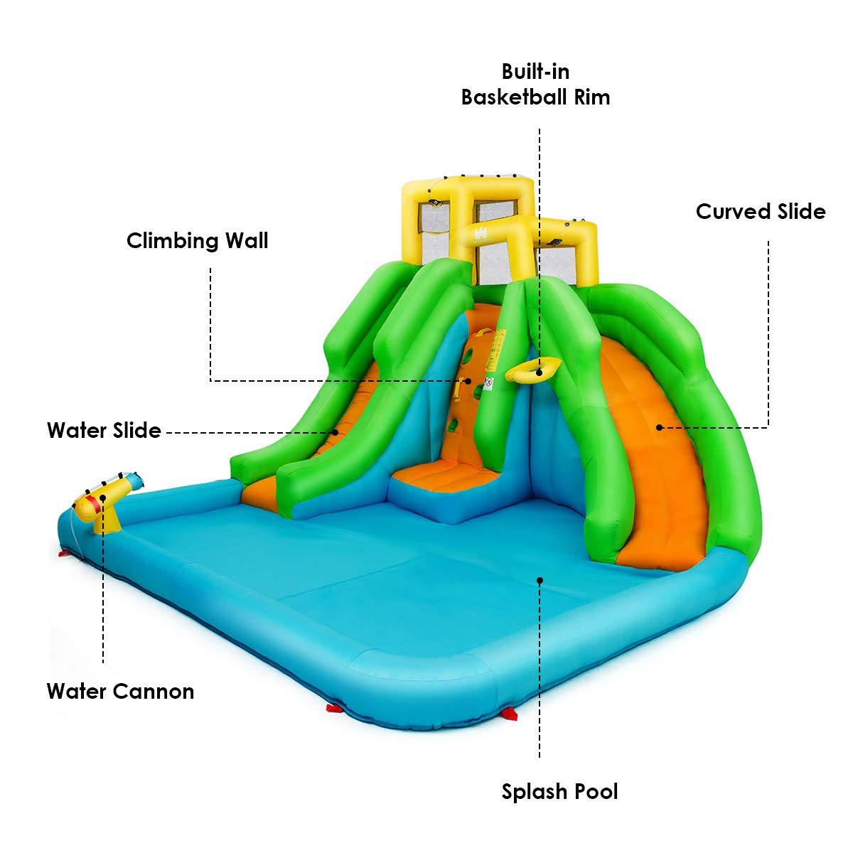 Parque Acuático Goplus con 2 Toboganes - Incluye Piscina, Escalada y Baloncesto, Rojo