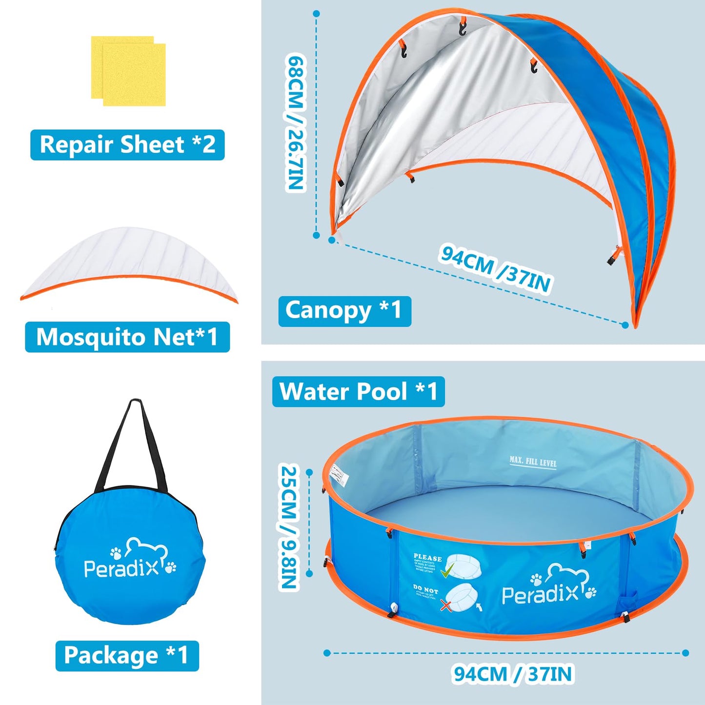 Kit Peradix Piscina+Tienda+Arenero 4en1 - UV50+, Portátil, para Exterior/Interior