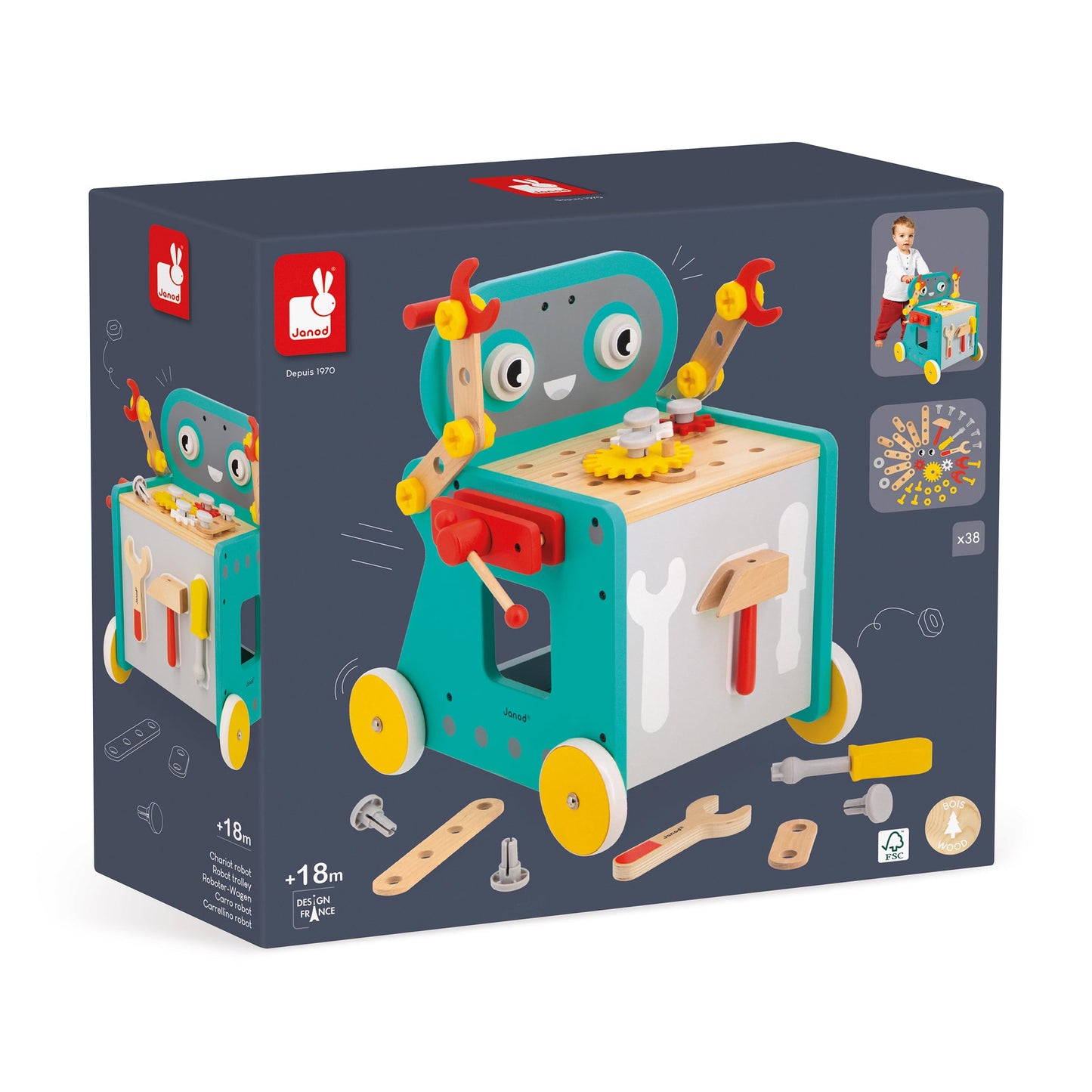 JANOD Carrito Robot Brico'Kids - Taller Móvil con 38 Accesorios y 3 Herramientas - Juguete de Imitación para Niños 18+ Meses (J06456)
