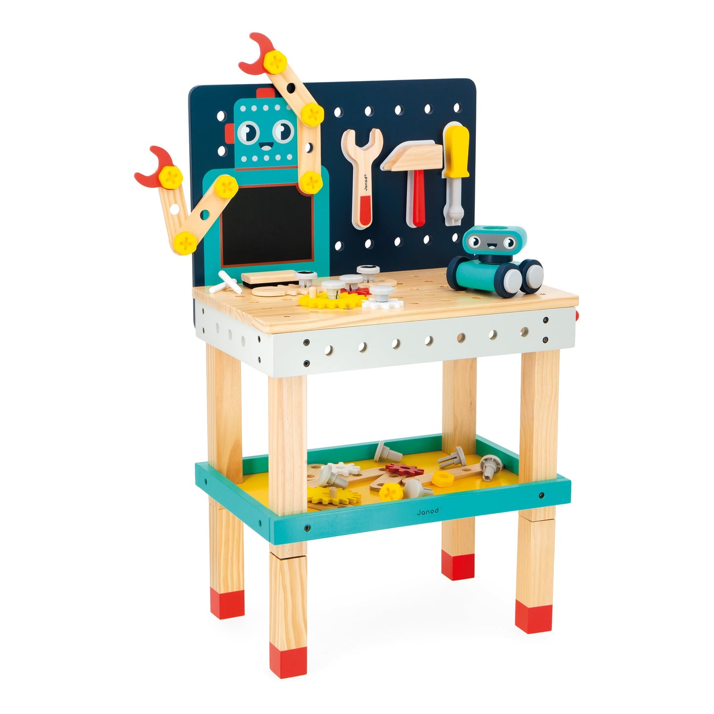 Janod Mesa Robot Brico'Kids - Taller de Bricolaje Infantil con 51 Accesorios, 3 Herramientas y Robot - Juguete Educativo 3+ Años (J06457)