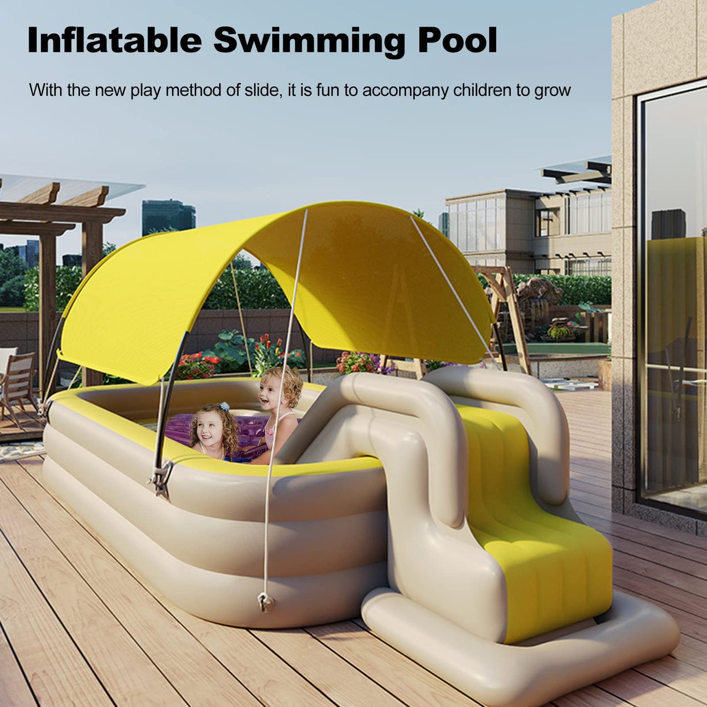Ergocar Piscina Hinchable Infantil con Tobogán y Toldo - Rectangular, Familiar, para Exterior/Verano