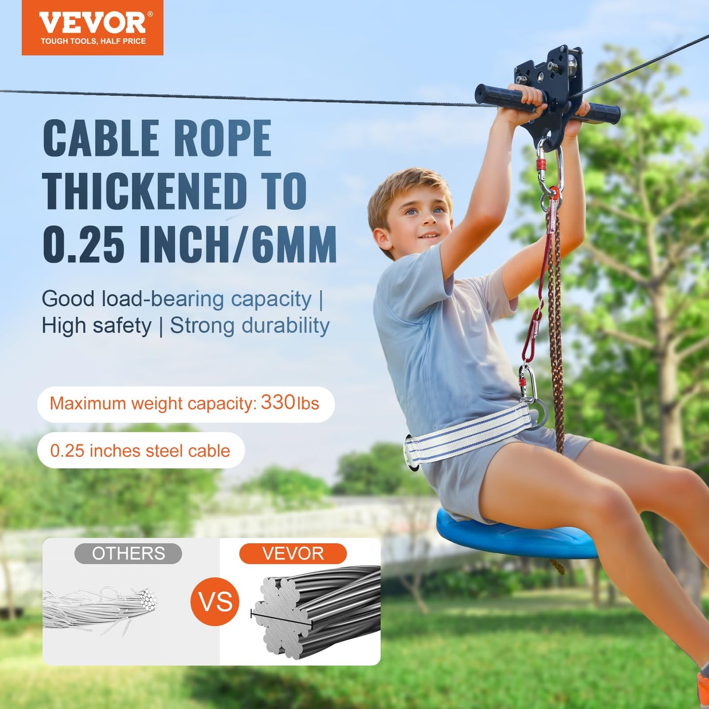 VEVOR Kit de Tirolesa 24 Metros para Jardín - Soporta 227 kg, con Asiento Colgante, Carro de Acero y Frenos - Para Niños y Adultos