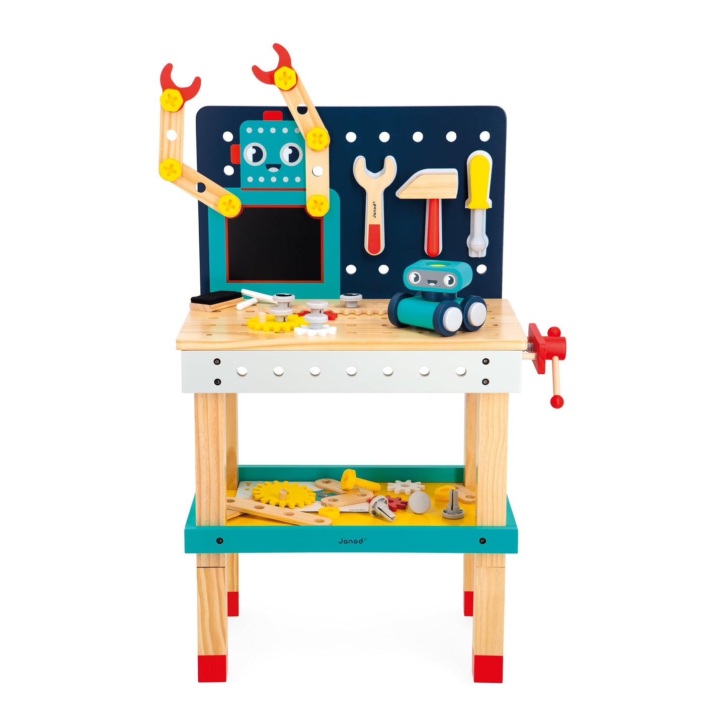 Janod Mesa Robot Brico'Kids - Taller de Bricolaje Infantil con 51 Accesorios, 3 Herramientas y Robot - Juguete Educativo 3+ Años (J06457)