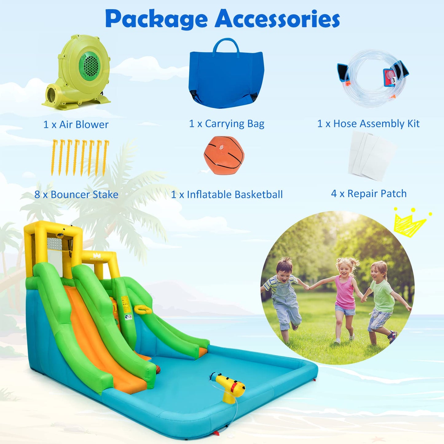 Parque Acuático Goplus con 2 Toboganes - Incluye Piscina, Escalada y Baloncesto, Rojo