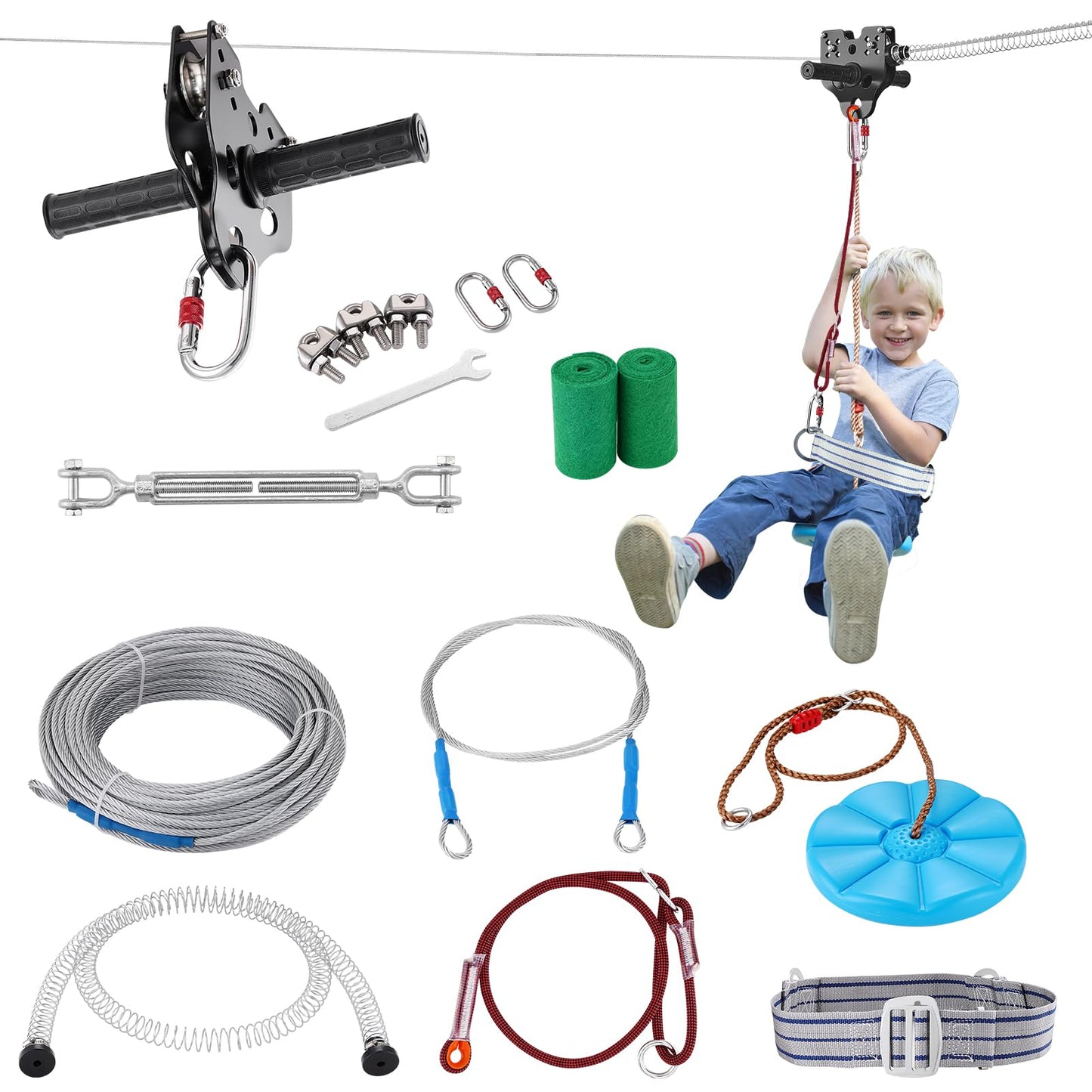 VEVOR Kit de Tirolesa 24 Metros para Jardín - Soporta 227 kg, con Asiento Colgante, Carro de Acero y Frenos - Para Niños y Adultos