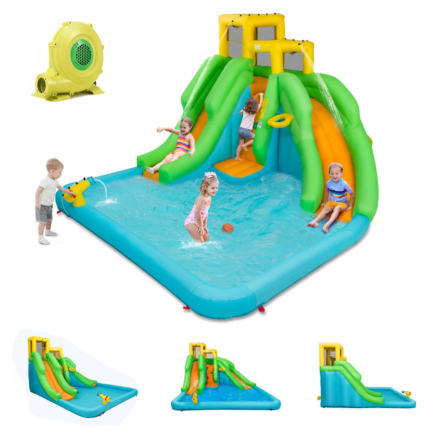 Parque Acuático Goplus con 2 Toboganes - Incluye Piscina, Escalada y Baloncesto, Rojo