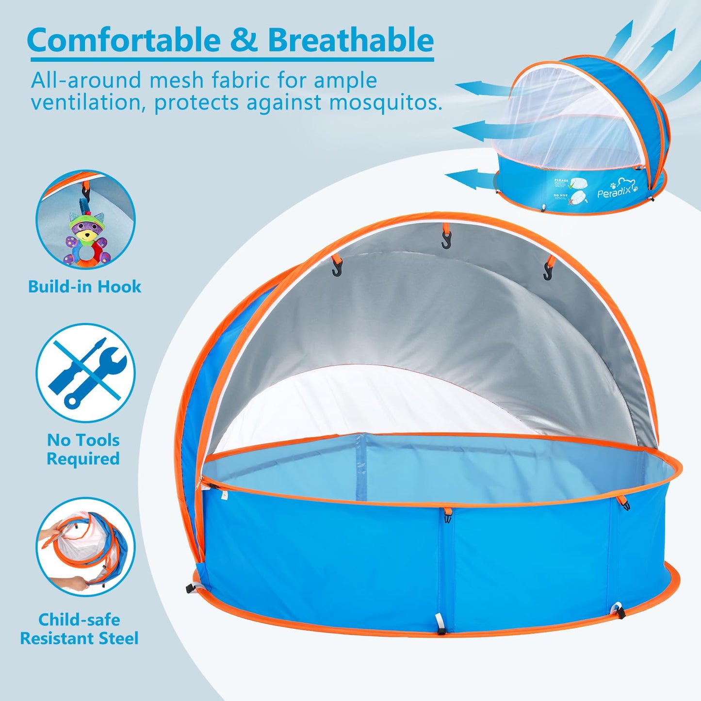 Kit Peradix Piscina+Tienda+Arenero 4en1 - UV50+, Portátil, para Exterior/Interior