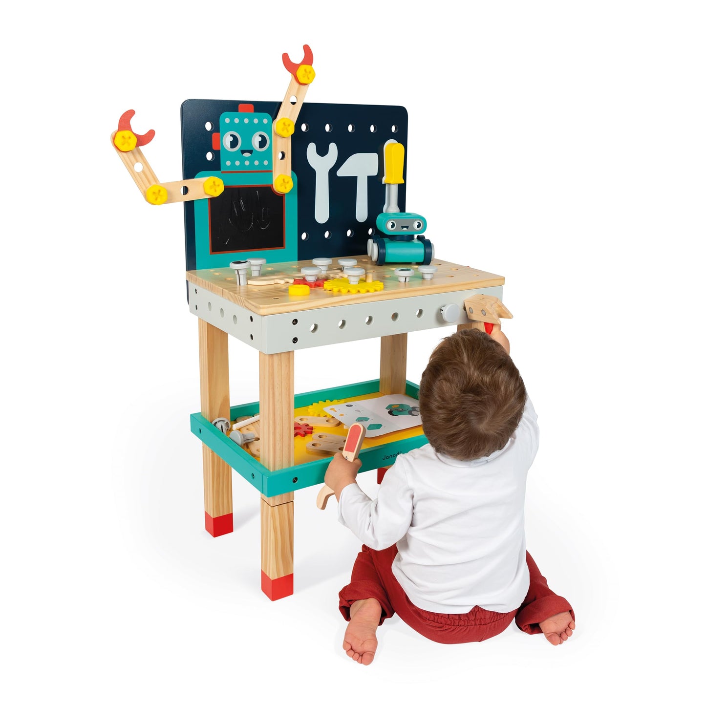 Janod Mesa Robot Brico'Kids - Taller de Bricolaje Infantil con 51 Accesorios, 3 Herramientas y Robot - Juguete Educativo 3+ Años (J06457)