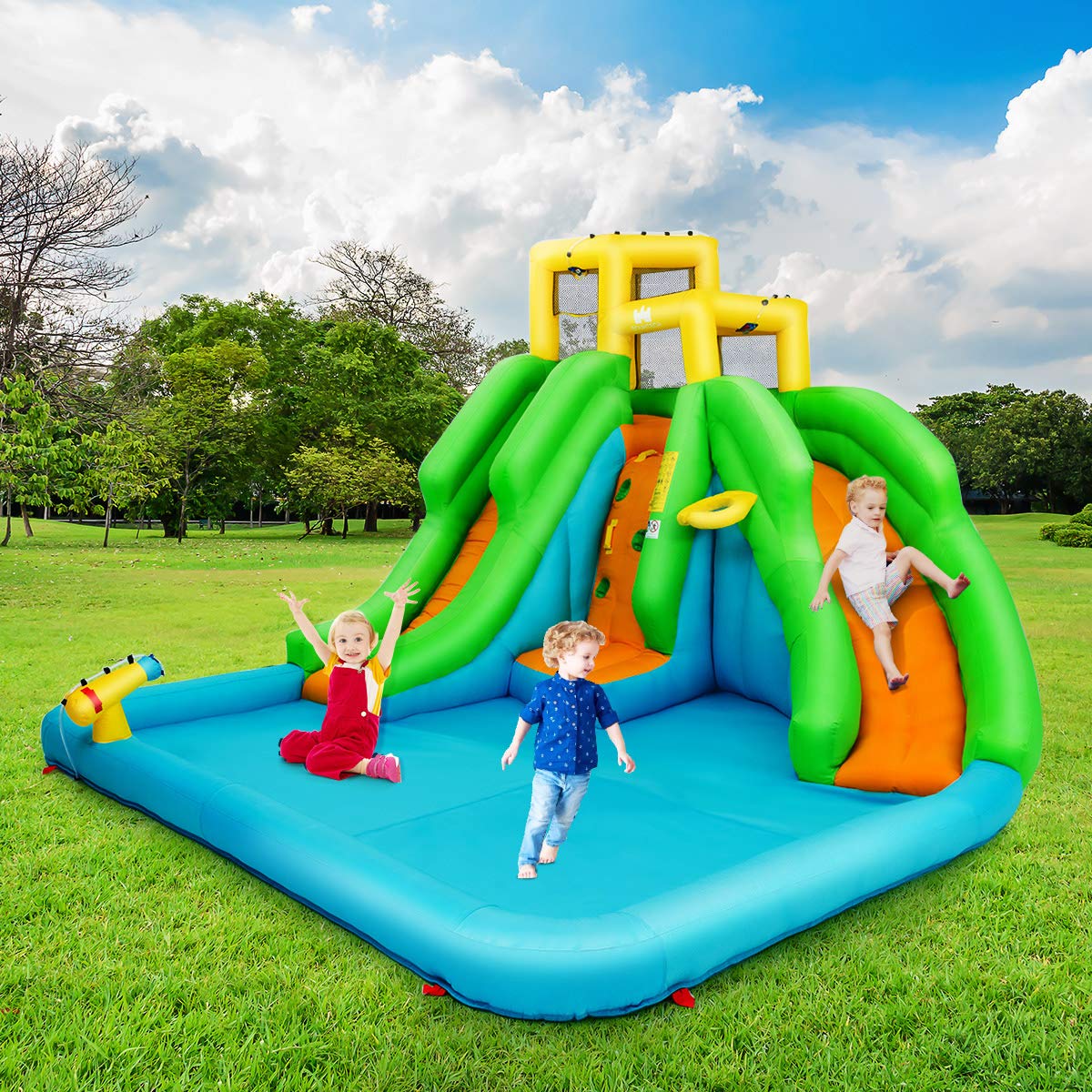 Parque Acuático Goplus con 2 Toboganes - Incluye Piscina, Escalada y Baloncesto, Rojo