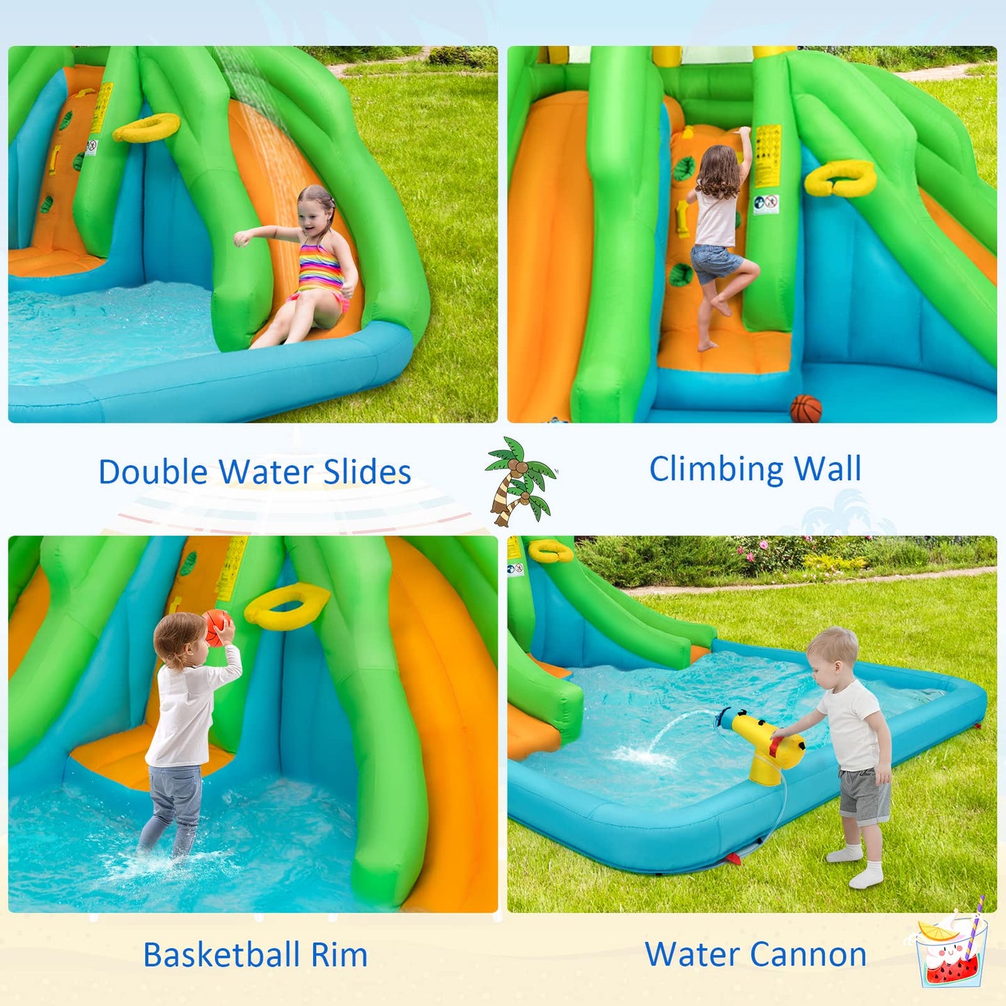 Parque Acuático Goplus con 2 Toboganes - Incluye Piscina, Escalada y Baloncesto, Rojo