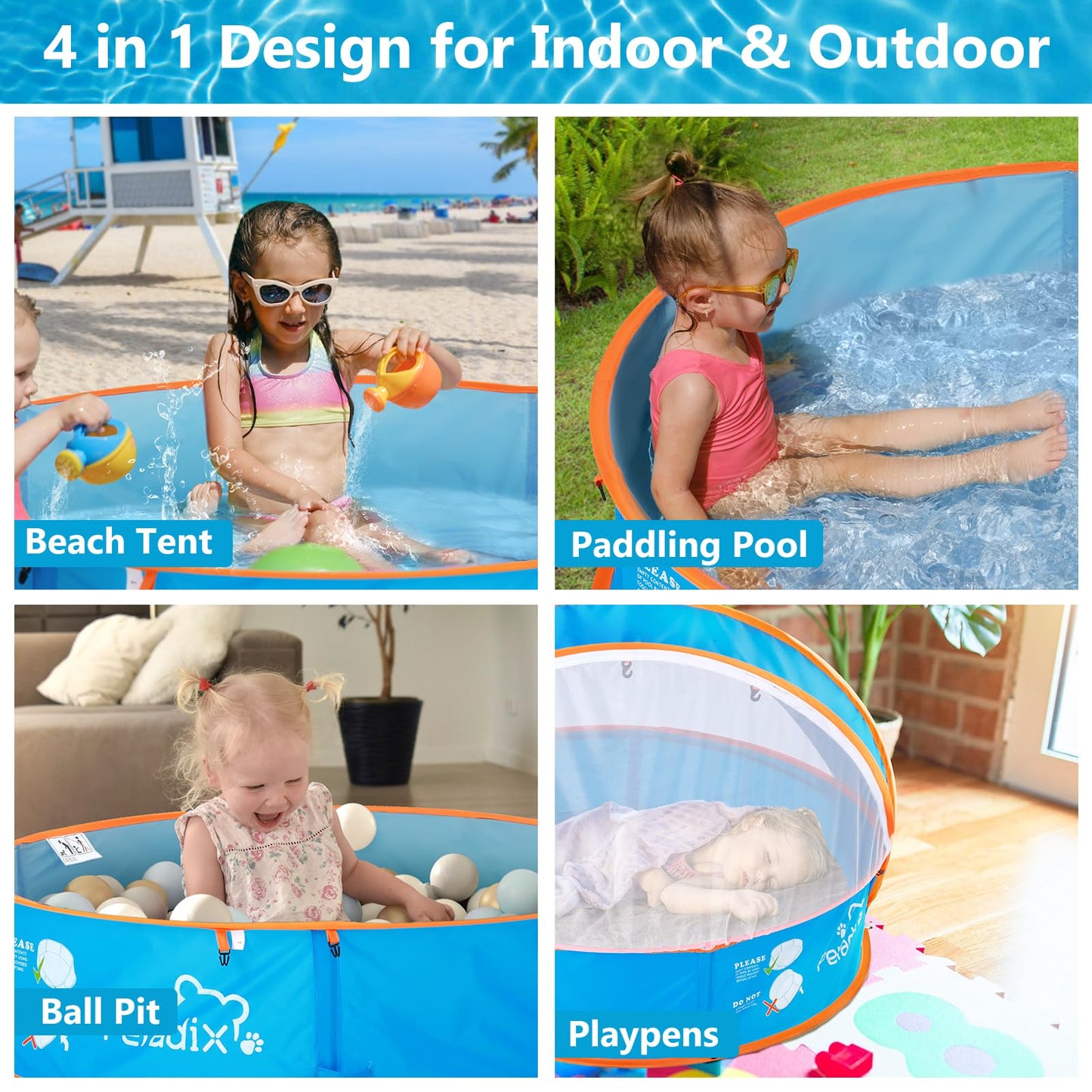 Kit Peradix Piscina+Tienda+Arenero 4en1 - UV50+, Portátil, para Exterior/Interior