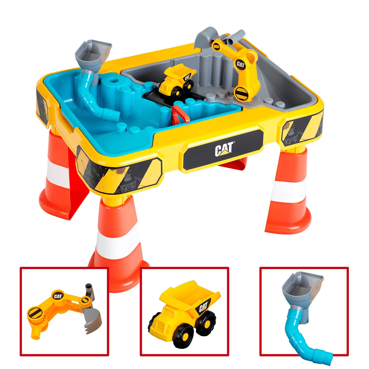 Theo Klein 3237 Mesa de Agua y Arena CAT - Con Excavadora, Volquete y 2 Tuberías - Juguete para Niños 18+ Meses (Incluye Cubetas Extraíbles)