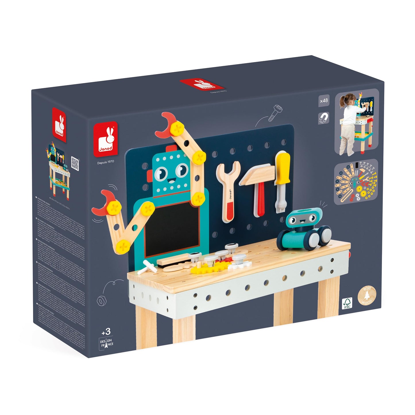 Janod Mesa Robot Brico'Kids - Taller de Bricolaje Infantil con 51 Accesorios, 3 Herramientas y Robot - Juguete Educativo 3+ Años (J06457)