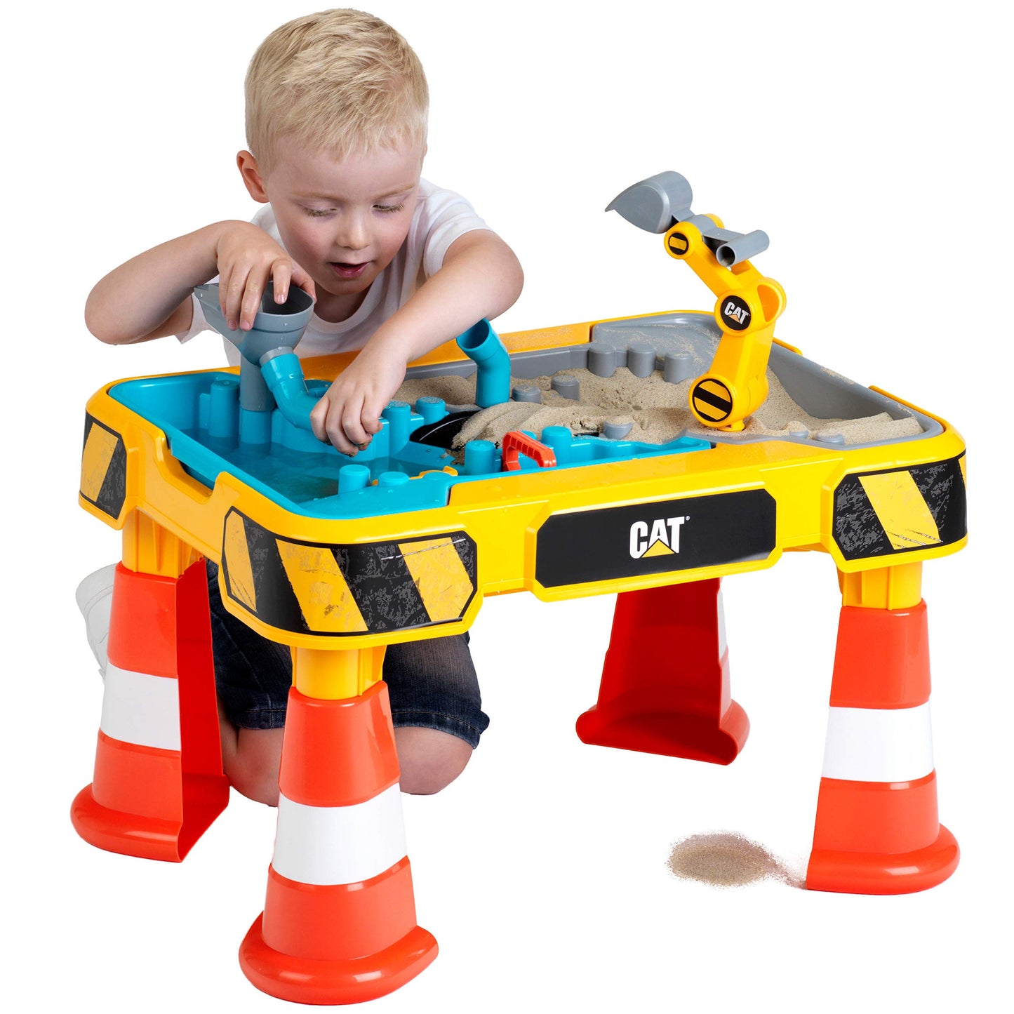 Theo Klein 3237 Mesa de Agua y Arena CAT - Con Excavadora, Volquete y 2 Tuberías - Juguete para Niños 18+ Meses (Incluye Cubetas Extraíbles)