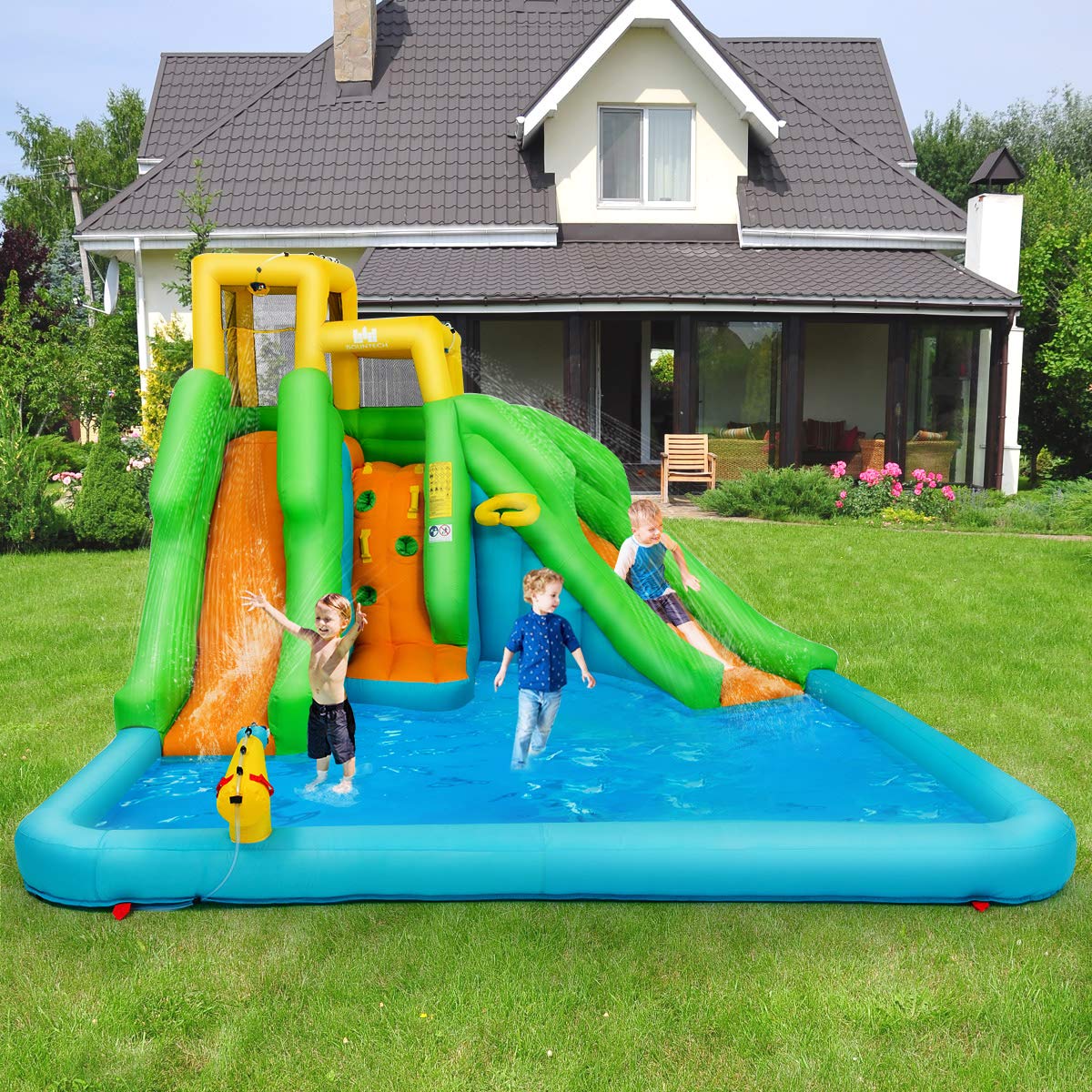 Parque Acuático Goplus con 2 Toboganes - Incluye Piscina, Escalada y Baloncesto, Rojo