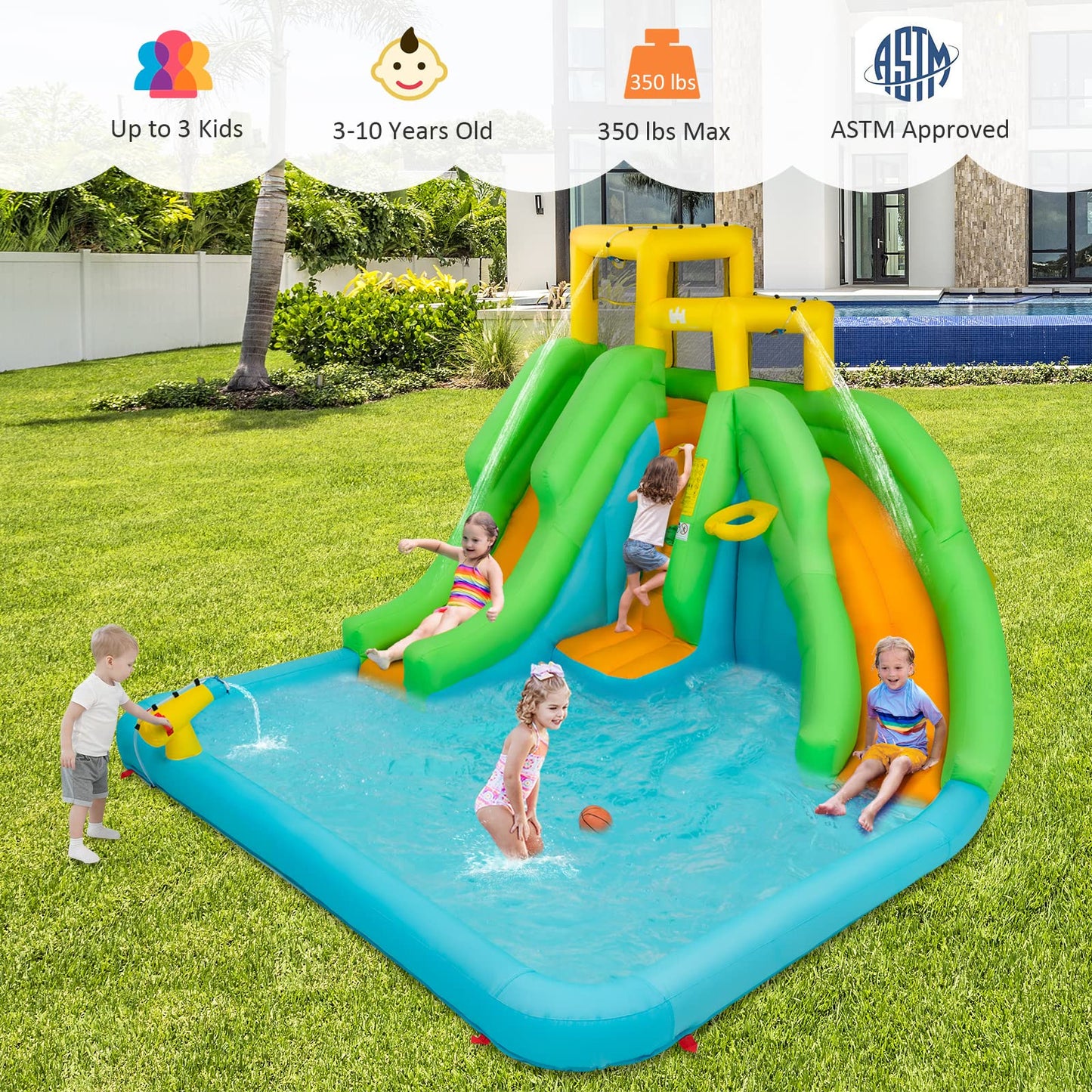 Parque Acuático Goplus con 2 Toboganes - Incluye Piscina, Escalada y Baloncesto, Rojo
