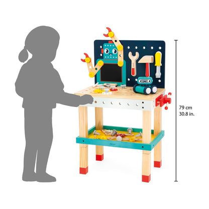 Janod Mesa Robot Brico'Kids - Taller de Bricolaje Infantil con 51 Accesorios, 3 Herramientas y Robot - Juguete Educativo 3+ Años (J06457)
