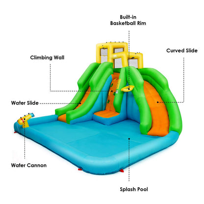 Parque Acuático Goplus con 2 Toboganes - Incluye Piscina, Escalada y Baloncesto, Rojo