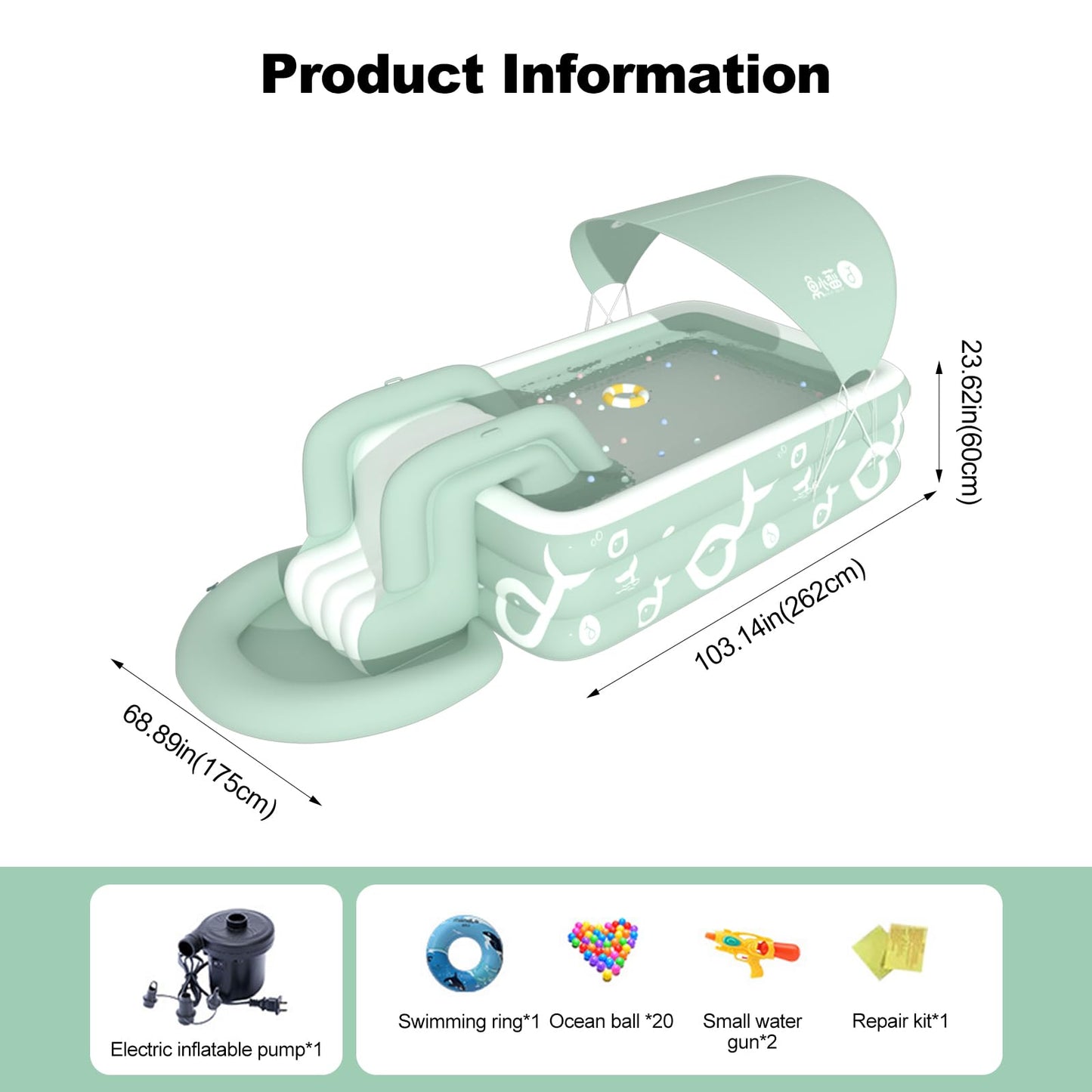 Ergocar Piscina Hinchable Exterior con Tobogán Integrado, Rectangular, Verde, para Niños y Adultos