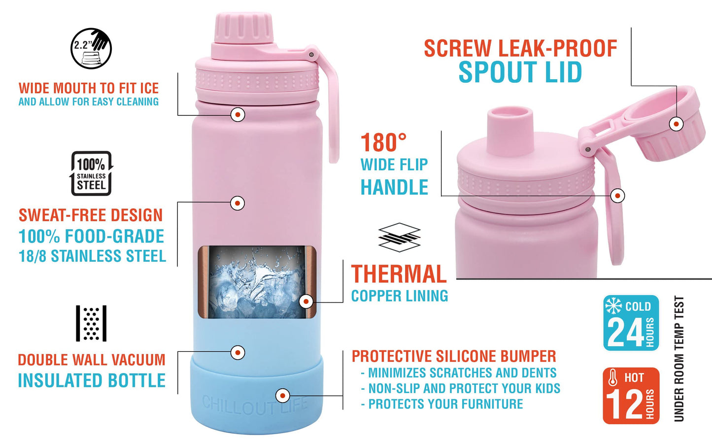 CHILLOUT LIFE Termo Infantil 500ml (17oz) - Acero Inoxidable, Tapa Antiderrames, Incluye Calcomanías Impermeables
