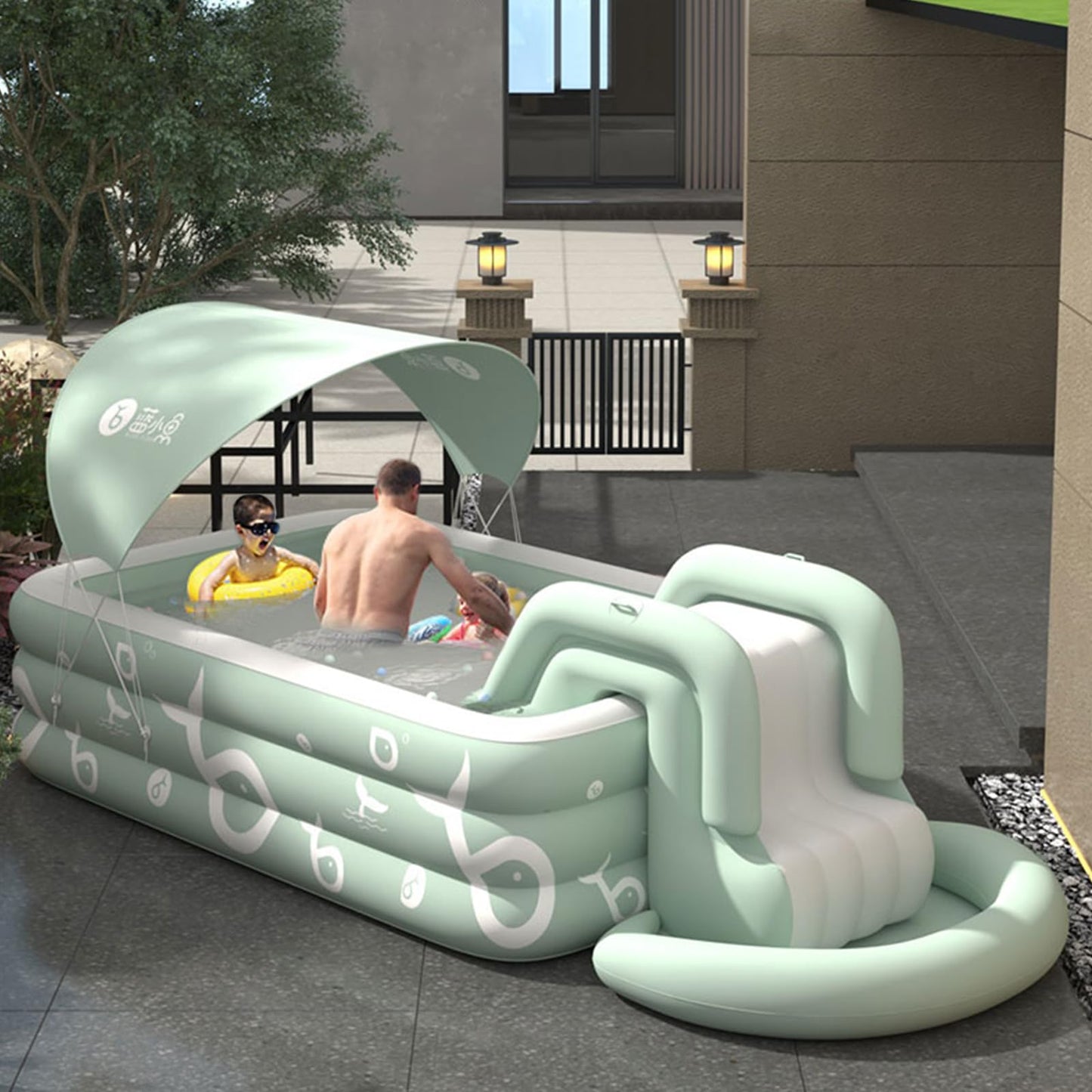 Ergocar Piscina Hinchable Exterior con Tobogán Integrado, Rectangular, Verde, para Niños y Adultos