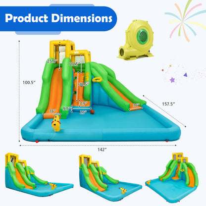 Parque Acuático Goplus con 2 Toboganes - Incluye Piscina, Escalada y Baloncesto, Rojo