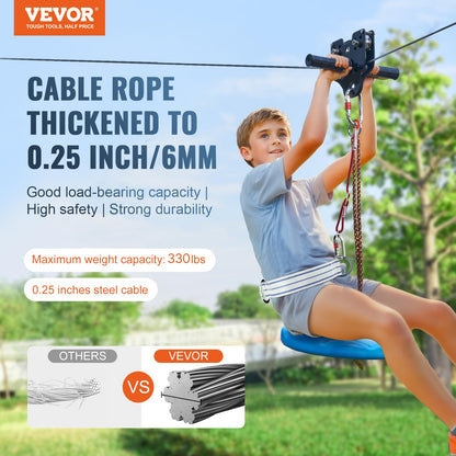 VEVOR Kit de Tirolesa 24 Metros para Jardín - Soporta 227 kg, con Asiento Colgante, Carro de Acero y Frenos - Para Niños y Adultos