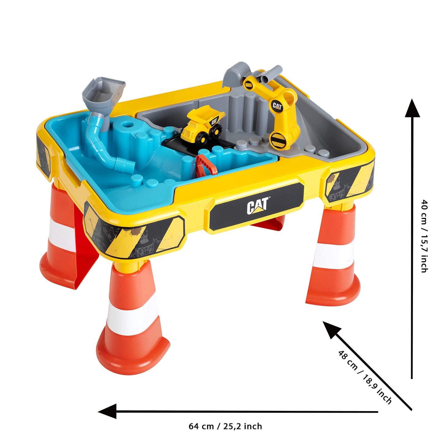 Theo Klein 3237 Mesa de Agua y Arena CAT - Con Excavadora, Volquete y 2 Tuberías - Juguete para Niños 18+ Meses (Incluye Cubetas Extraíbles)