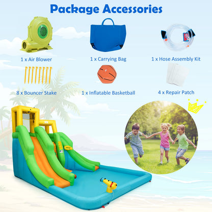 Parque Acuático Goplus con 2 Toboganes - Incluye Piscina, Escalada y Baloncesto, Rojo