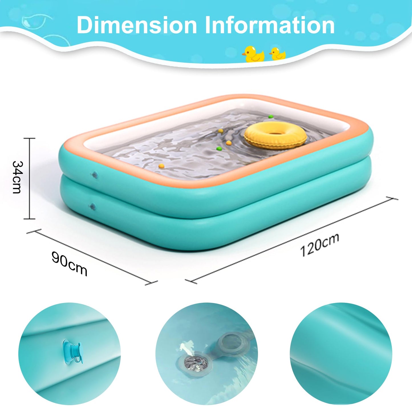 Piscina Hinchable para Niños Pequeños - 120cm Largo, 34cm Alto, Uso Exterior