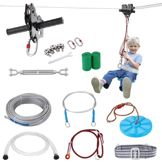 VEVOR Kit de Tirolesa 24 Metros para Jardín - Soporta 227 kg, con Asiento Colgante, Carro de Acero y Frenos - Para Niños y Adultos