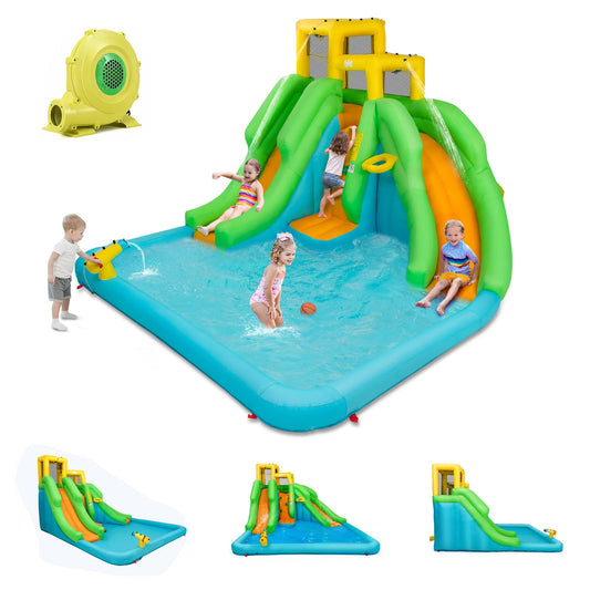 Parque Acuático Goplus con 2 Toboganes - Incluye Piscina, Escalada y Baloncesto, Rojo