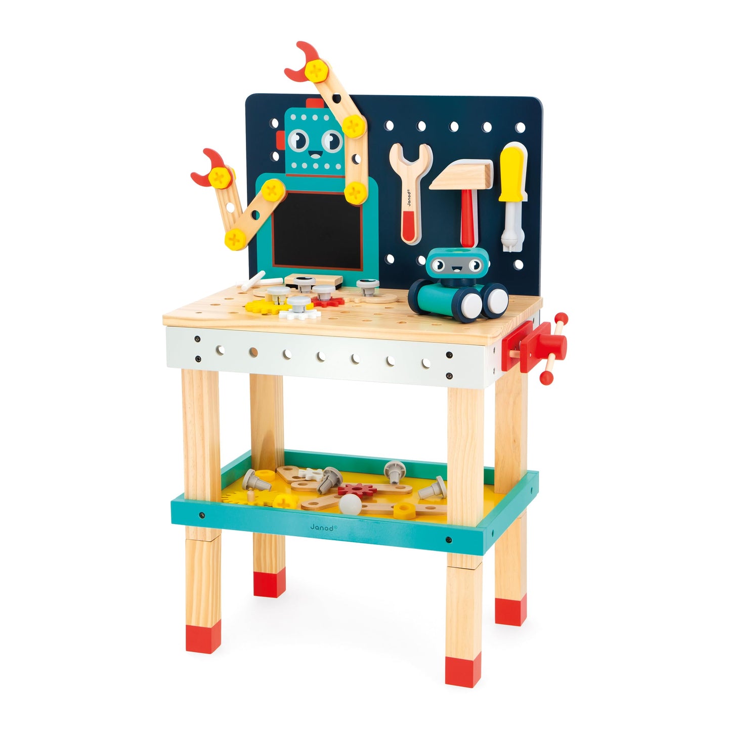 Janod Mesa Robot Brico'Kids - Taller de Bricolaje Infantil con 51 Accesorios, 3 Herramientas y Robot - Juguete Educativo 3+ Años (J06457)
