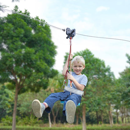 VEVOR Kit de Tirolesa 24 Metros para Jardín - Soporta 227 kg, con Asiento Colgante, Carro de Acero y Frenos - Para Niños y Adultos