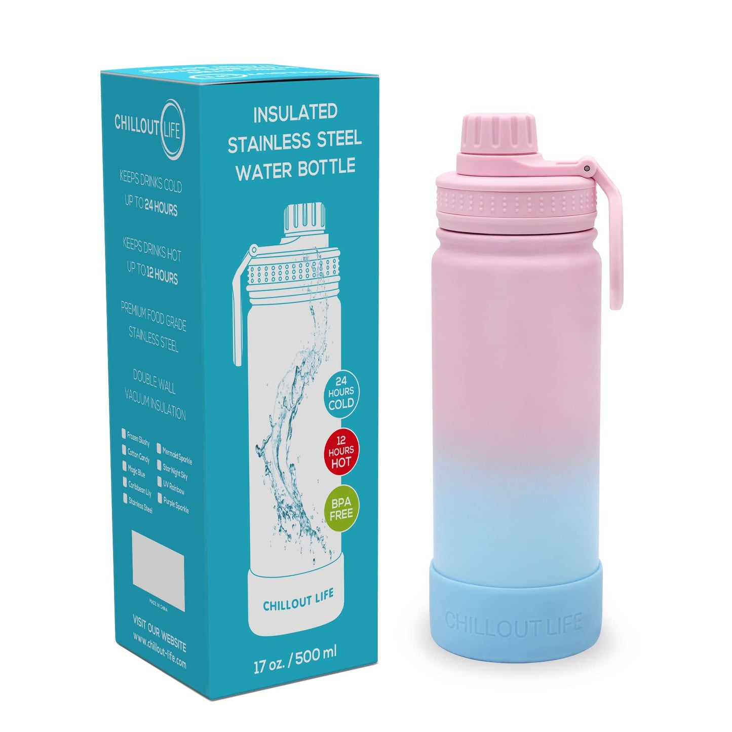 CHILLOUT LIFE Termo Infantil 500ml (17oz) - Acero Inoxidable, Tapa Antiderrames, Incluye Calcomanías Impermeables