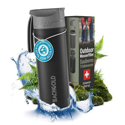 BACHGOLD® Botella con Filtro Purificador 500ml - Elimina 99.99% Bacterias/Microplásticos, 1500L Capacidad, Ideal para Emergencias y Exteriores