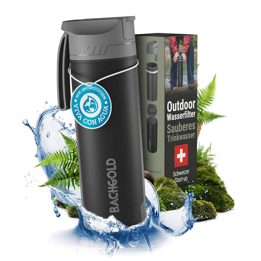 BACHGOLD® Botella con Filtro Purificador 500ml - Elimina 99.99% Bacterias/Microplásticos, 1500L Capacidad, Ideal para Emergencias y Exteriores