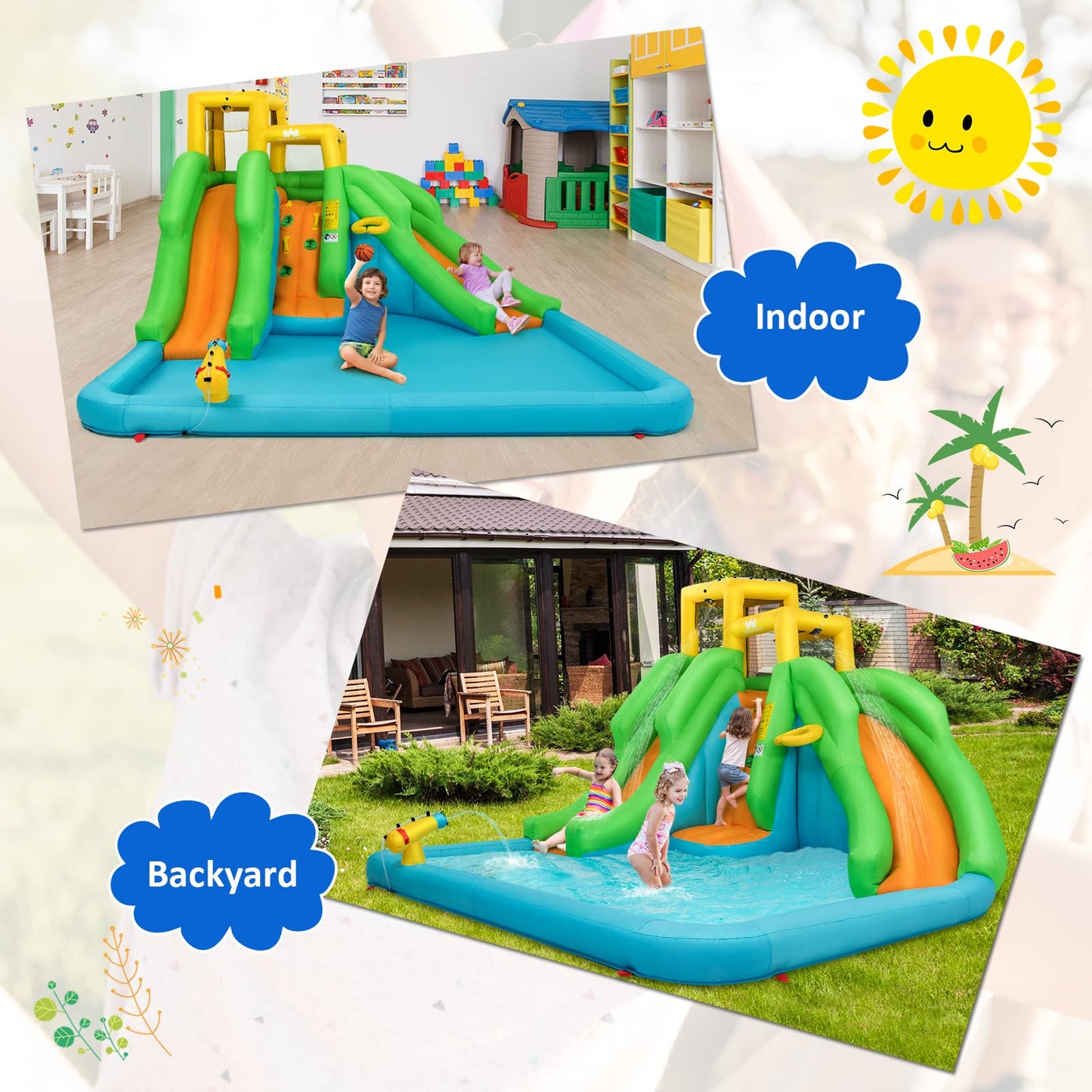 Parque Acuático Goplus con 2 Toboganes - Incluye Piscina, Escalada y Baloncesto, Rojo