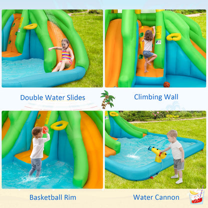 Parque Acuático Goplus con 2 Toboganes - Incluye Piscina, Escalada y Baloncesto, Rojo