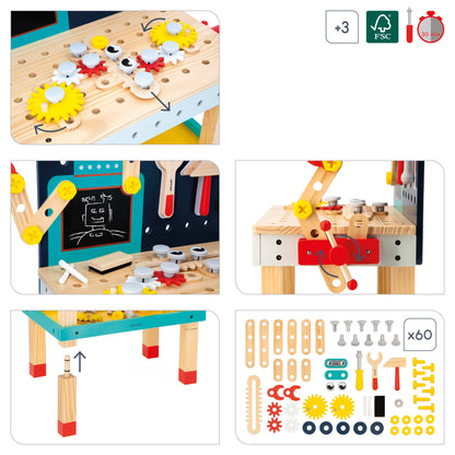 Janod Mesa Robot Brico'Kids - Taller de Bricolaje Infantil con 51 Accesorios, 3 Herramientas y Robot - Juguete Educativo 3+ Años (J06457)