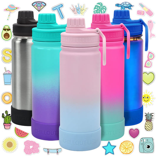 CHILLOUT LIFE Termo Infantil 500ml (17oz) - Acero Inoxidable, Tapa Antiderrames, Incluye Calcomanías Impermeables