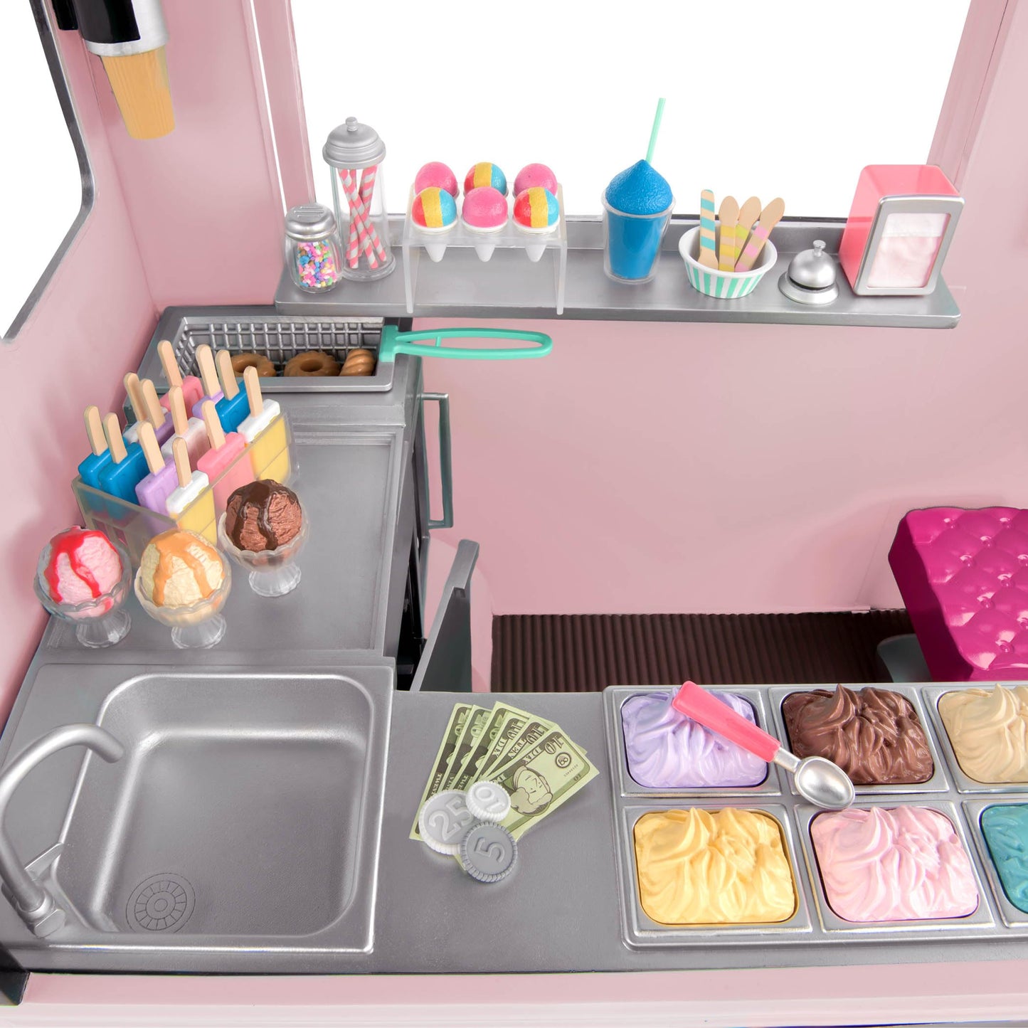 Our Generation Ice Cream Truck Playset - 18" Doll Vehicle with Food Toys for Kids 3+ (Pink)