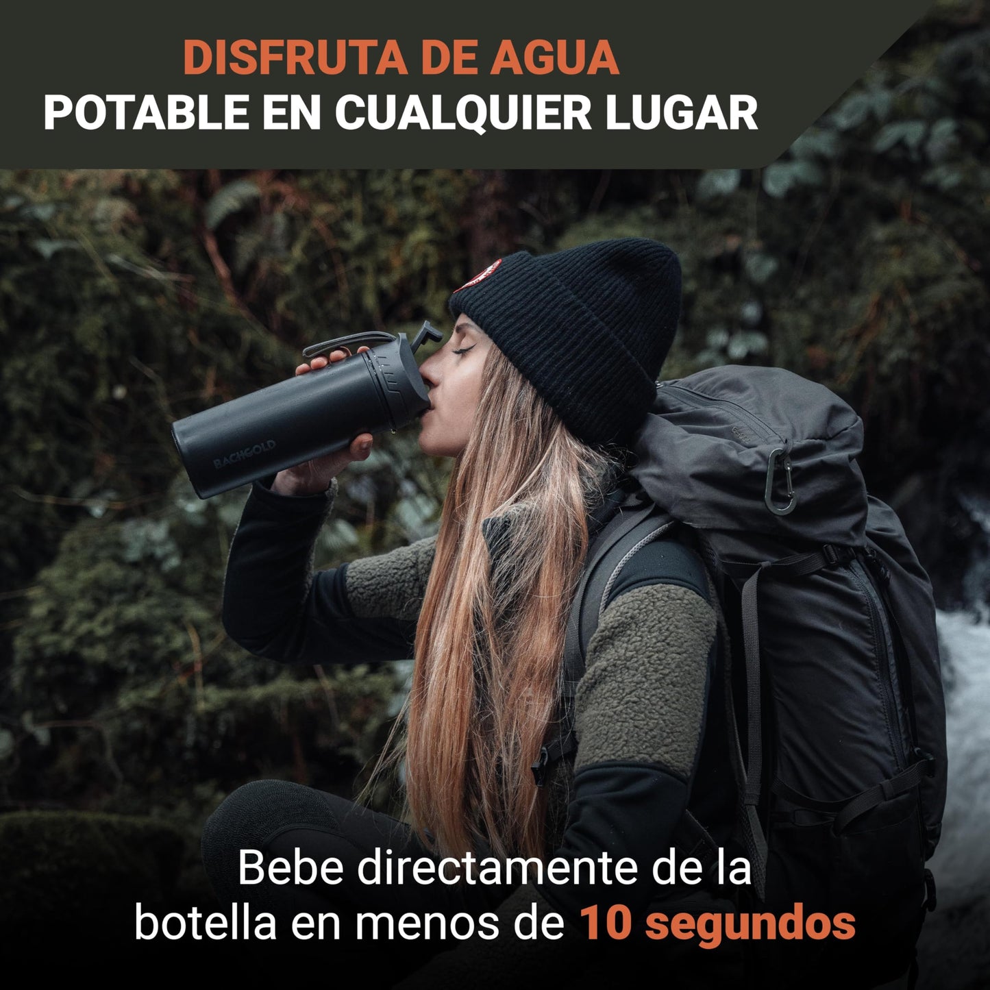 BACHGOLD® Botella con Filtro Purificador 500ml - Elimina 99.99% Bacterias/Microplásticos, 1500L Capacidad, Ideal para Emergencias y Exteriores