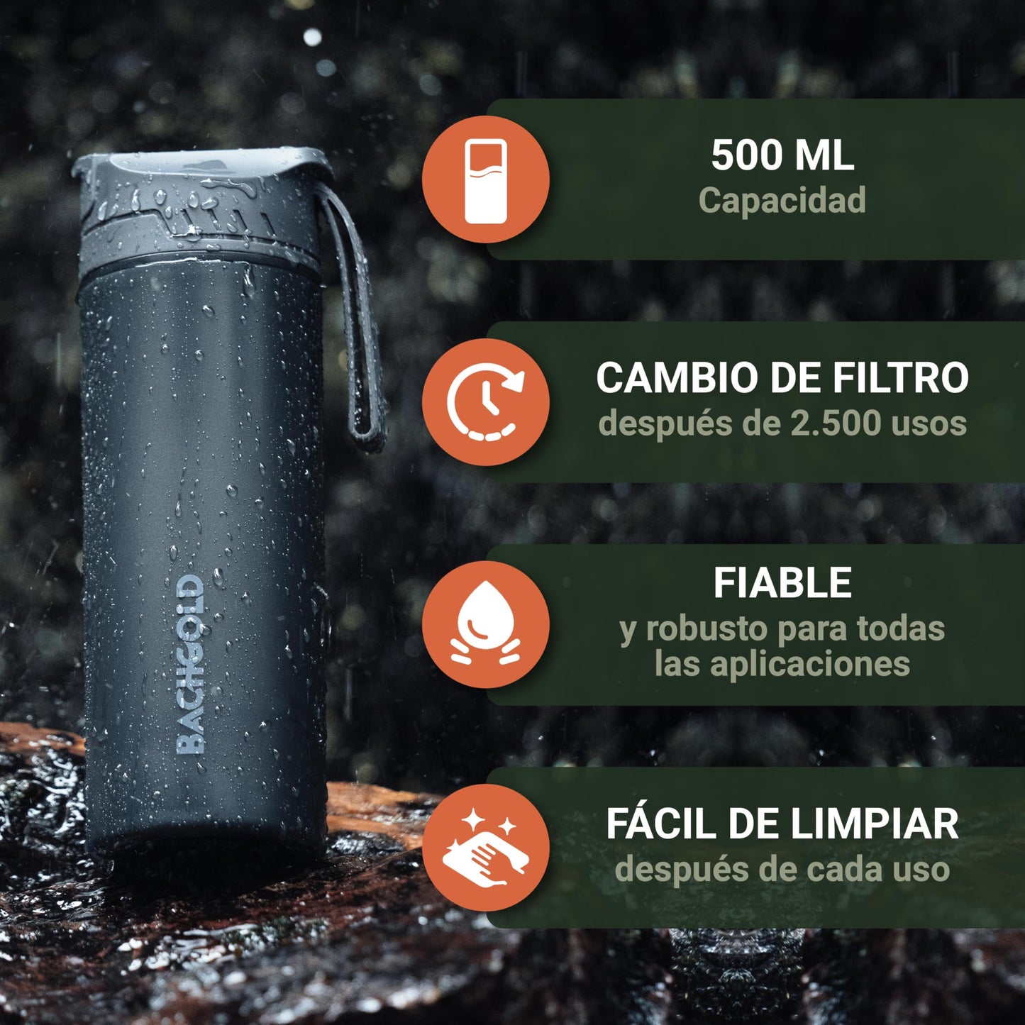 BACHGOLD® Botella con Filtro Purificador 500ml - Elimina 99.99% Bacterias/Microplásticos, 1500L Capacidad, Ideal para Emergencias y Exteriores